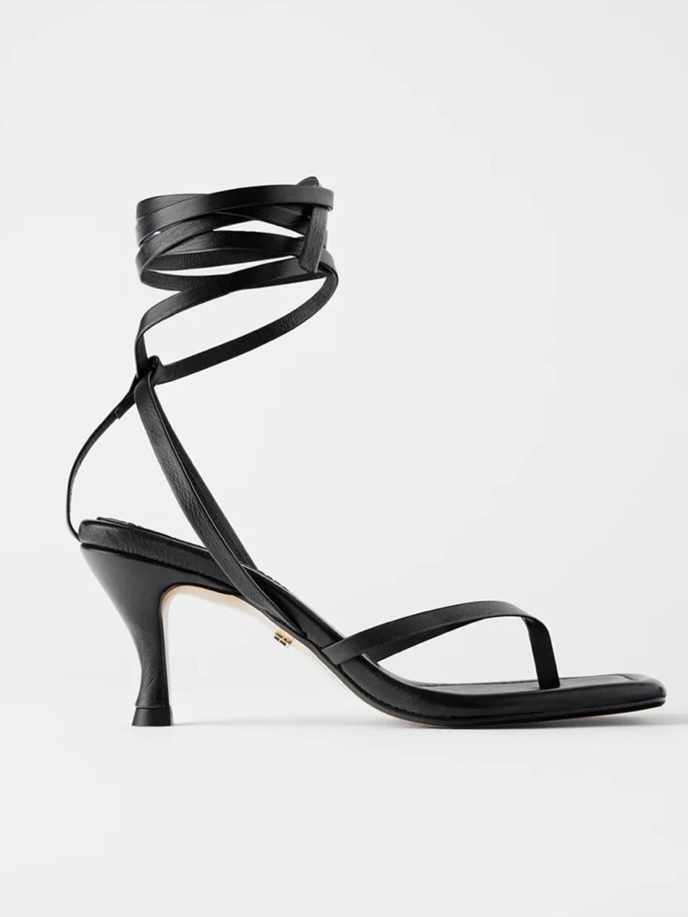 Zara Black Leather Heeled Square Toe Sandal with Wrap-Strap